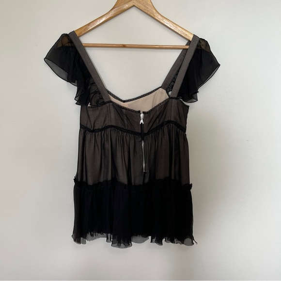 Dolce & Gabbana Vintage Babydoll Chiffon Blouse Black & Tan with Fringe Small - Picture 9 of 9